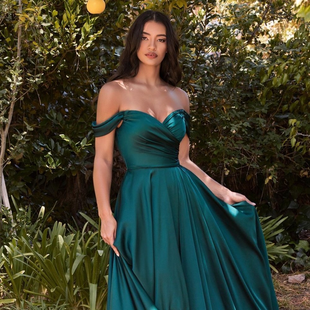 NEW EMERALD A-LINE OFF THE SHOULDER SLEEVELESS SATIN DRESS WITH SIDE CD7493